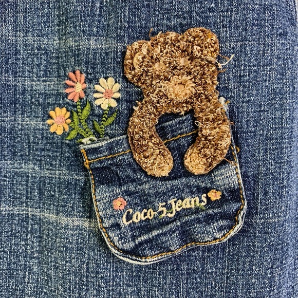 COCO-5‎ Vintage Embroidered Novelty Teddy Bear Flowers Western Denim Midi Skirt - Picture 6 of 14